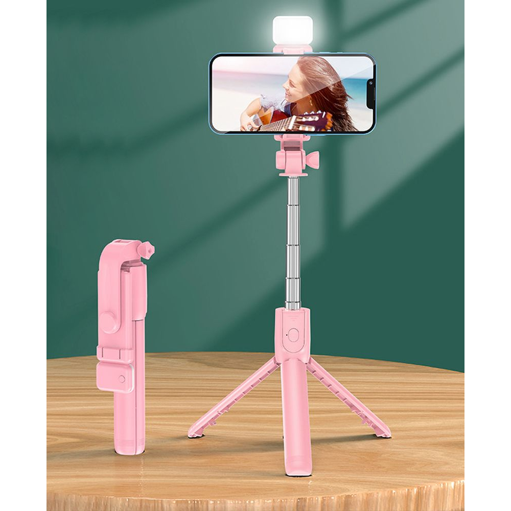 Bluetooth selfie stick with built-in flash - Pink