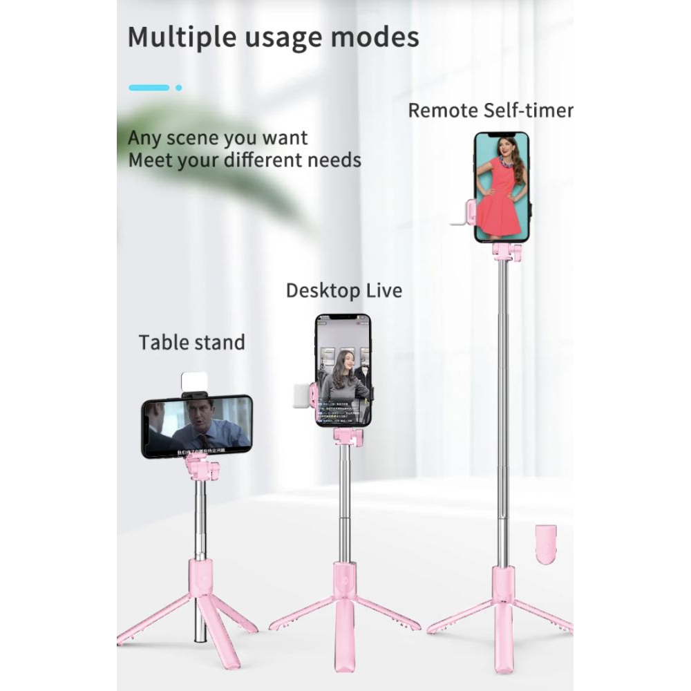 Bluetooth selfie stick with built-in flash - Pink