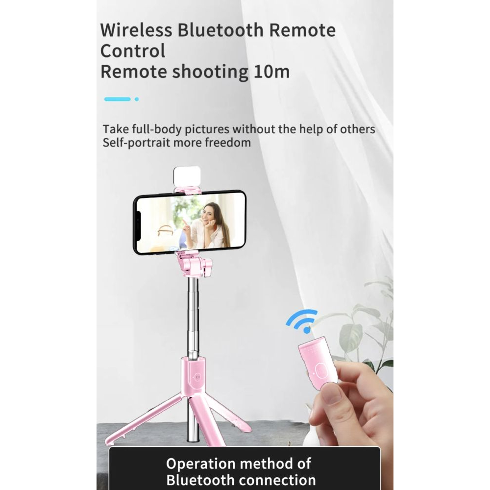 Bluetooth selfie stick with built-in flash - Pink