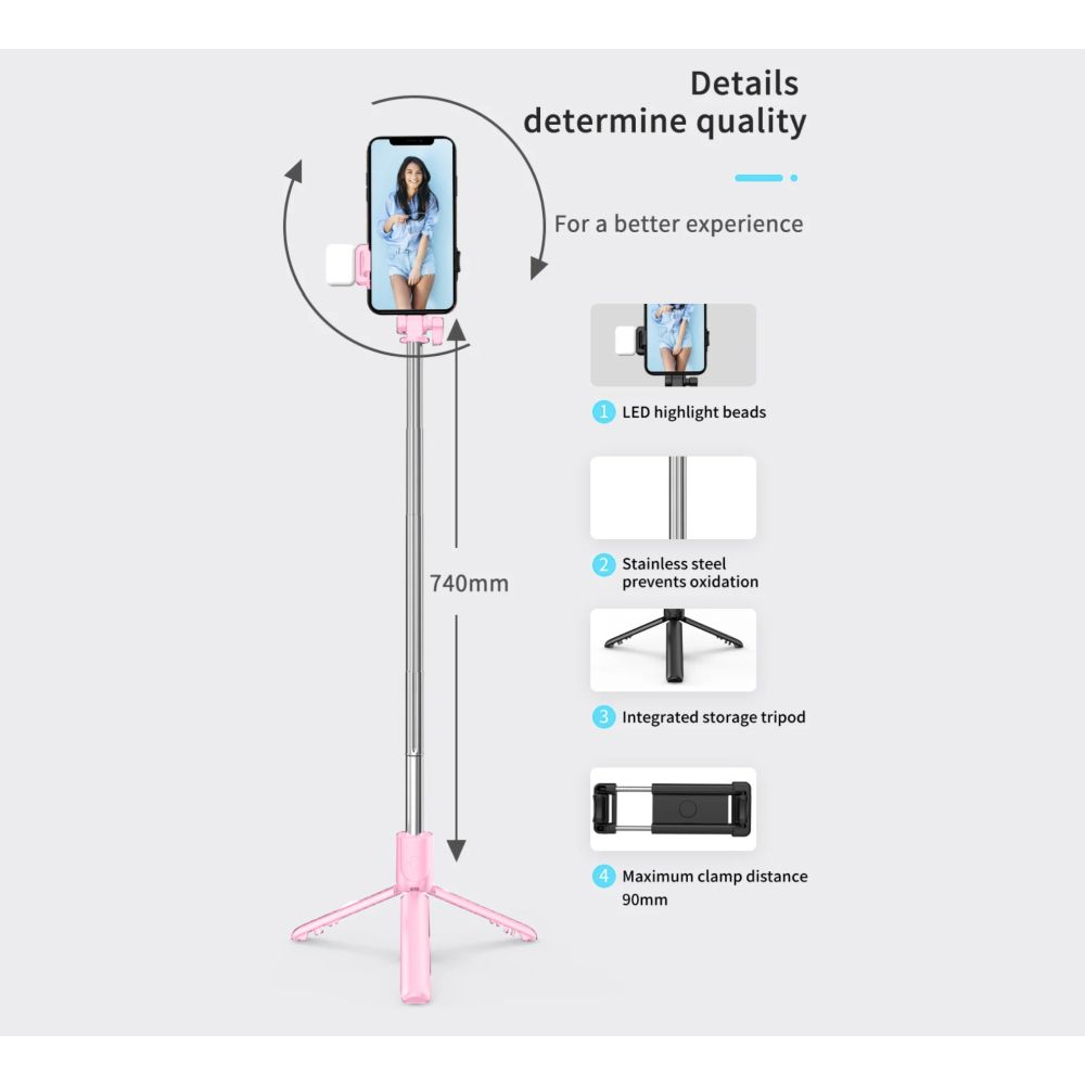 Bluetooth selfie stick with built-in flash - Pink