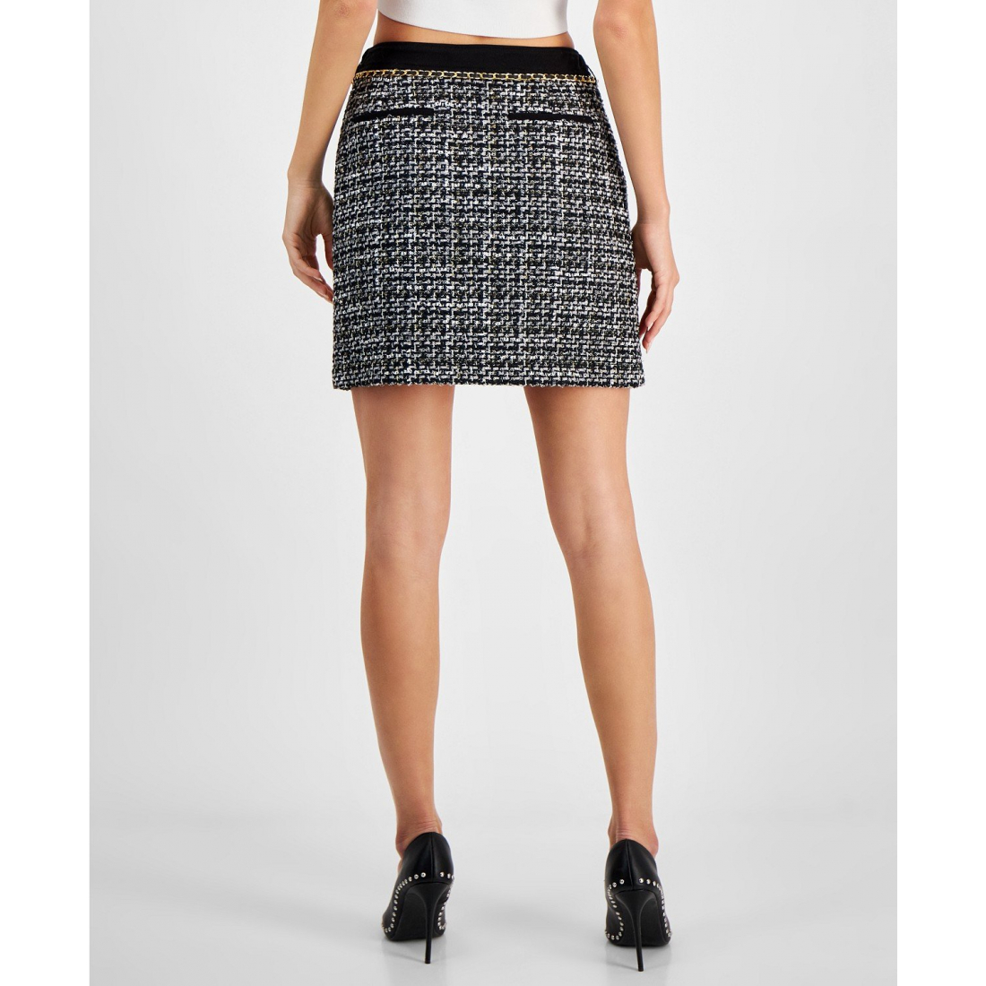 Women's 'Yvonne Belted Denim & Tweed' Denim Skirt