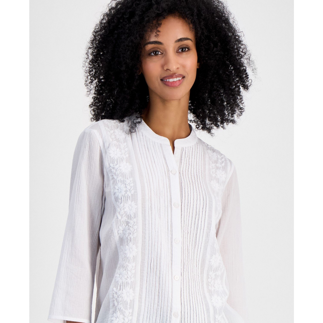 'Embroidered Gauzy Pintucked Cotton Top' pour Femmes