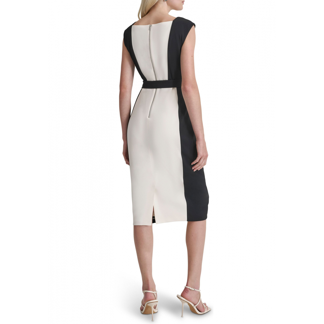 Women's 'Short Sleeve Square Neck Two Tone Belted' Sheath Dress