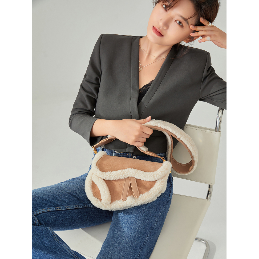 Women's 'Furry Saddle' Shoulder Bag