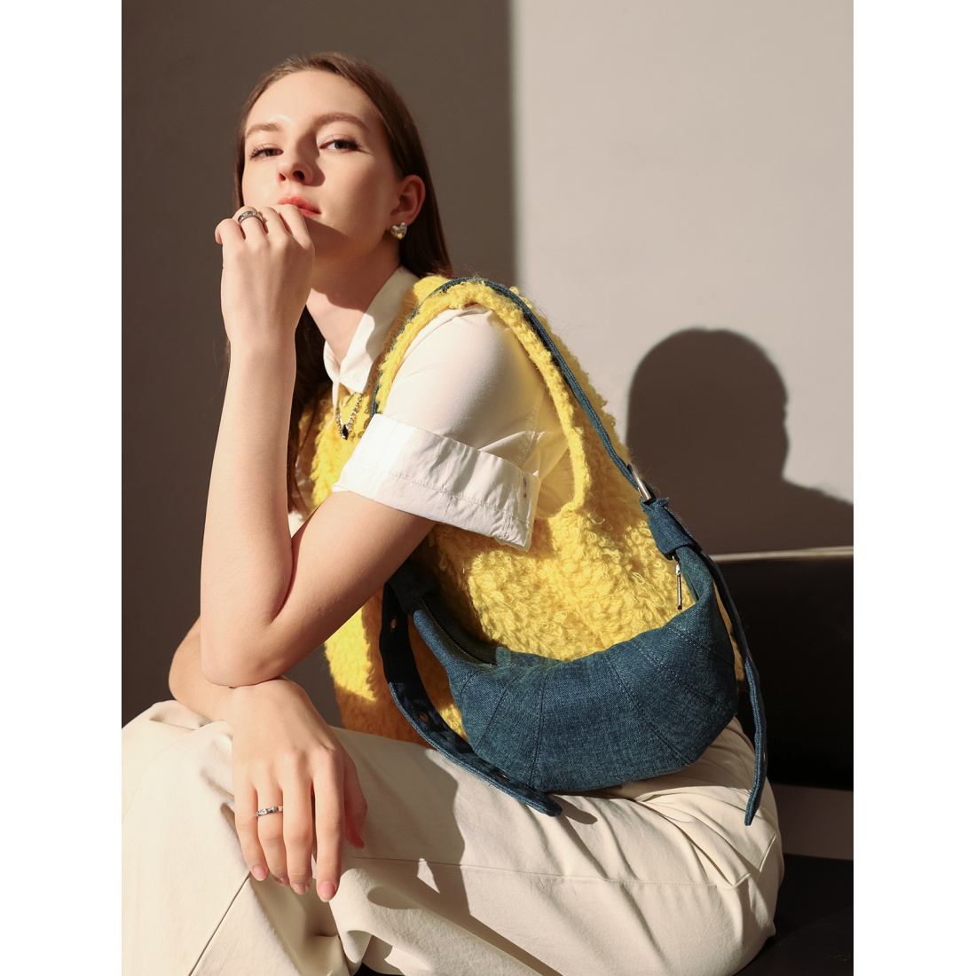 Women's 'Understated Denim Croissant Mini' Shoulder Bag