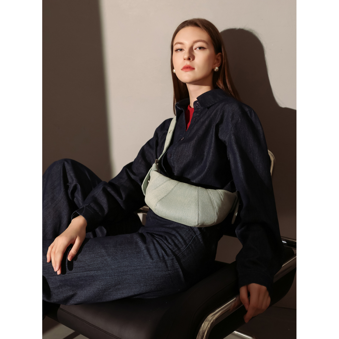 Women's 'Understated Denim Croissant Mini' Shoulder Bag