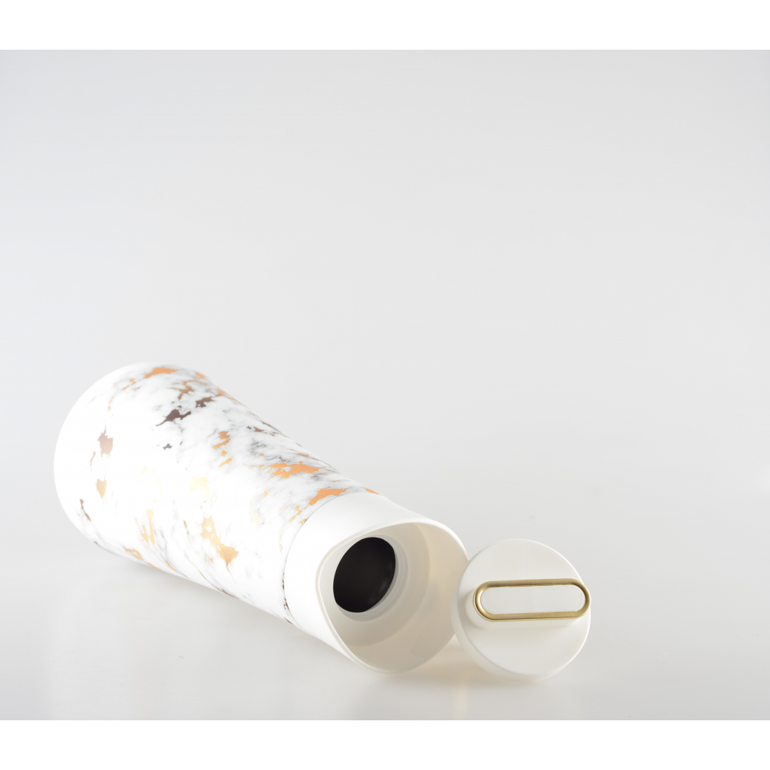 Weiße und graue Thermoskanne mit goldenen Griffen, 1 Liter