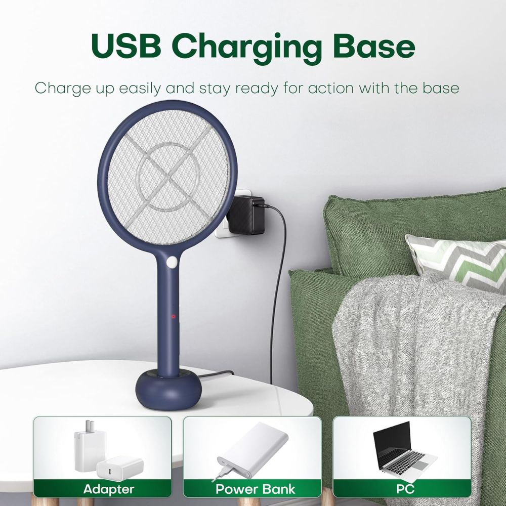 2-in-1 Electric Mosquito Swatter – USB Rechargeable, Portable or Stationary Use - White