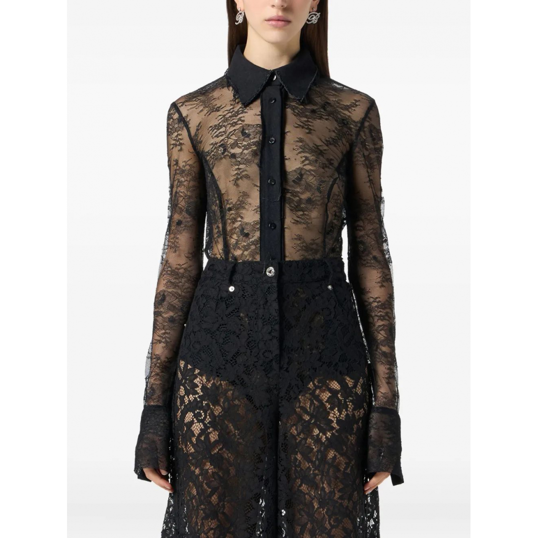 Women's 'Lace-Panelled Shirt' Bodysuit