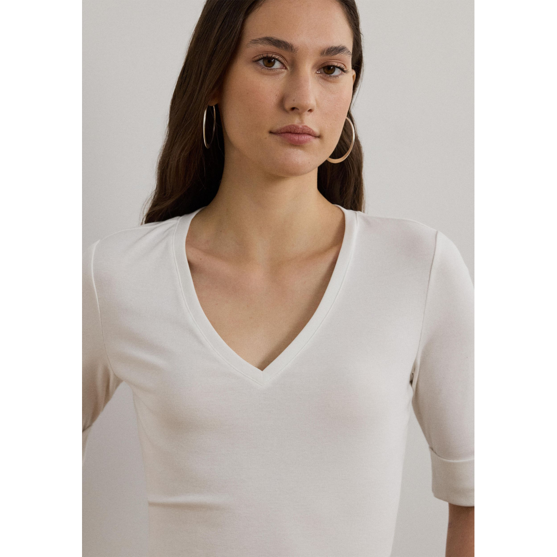 T-shirt 'Stretch Cotton Elbow-Sleeve V-Neck' pour Femmes