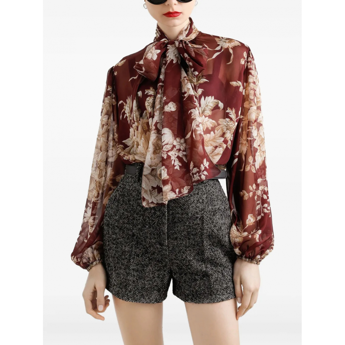 'Floral-Print Bow' Langärmelige Bluse für Damen