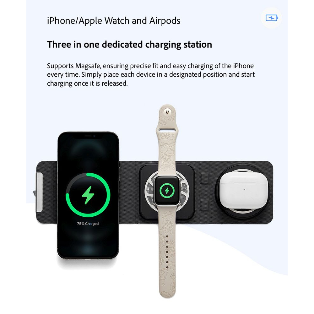 Chargeur sans fil 3 en 1 format Wallet - Noir