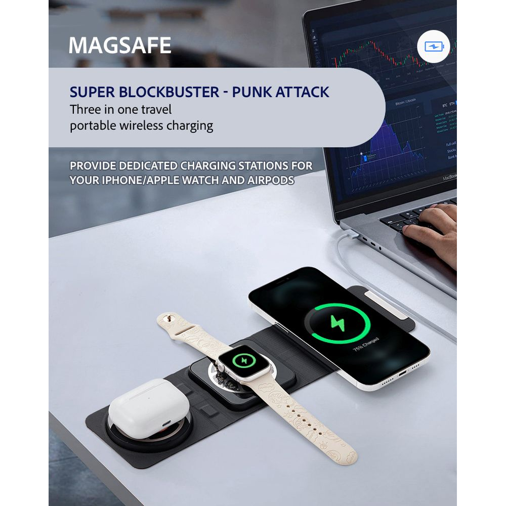 Chargeur sans fil 3 en 1 format Wallet - Noir