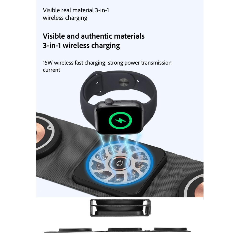 Chargeur sans fil 3 en 1 format Wallet - Noir