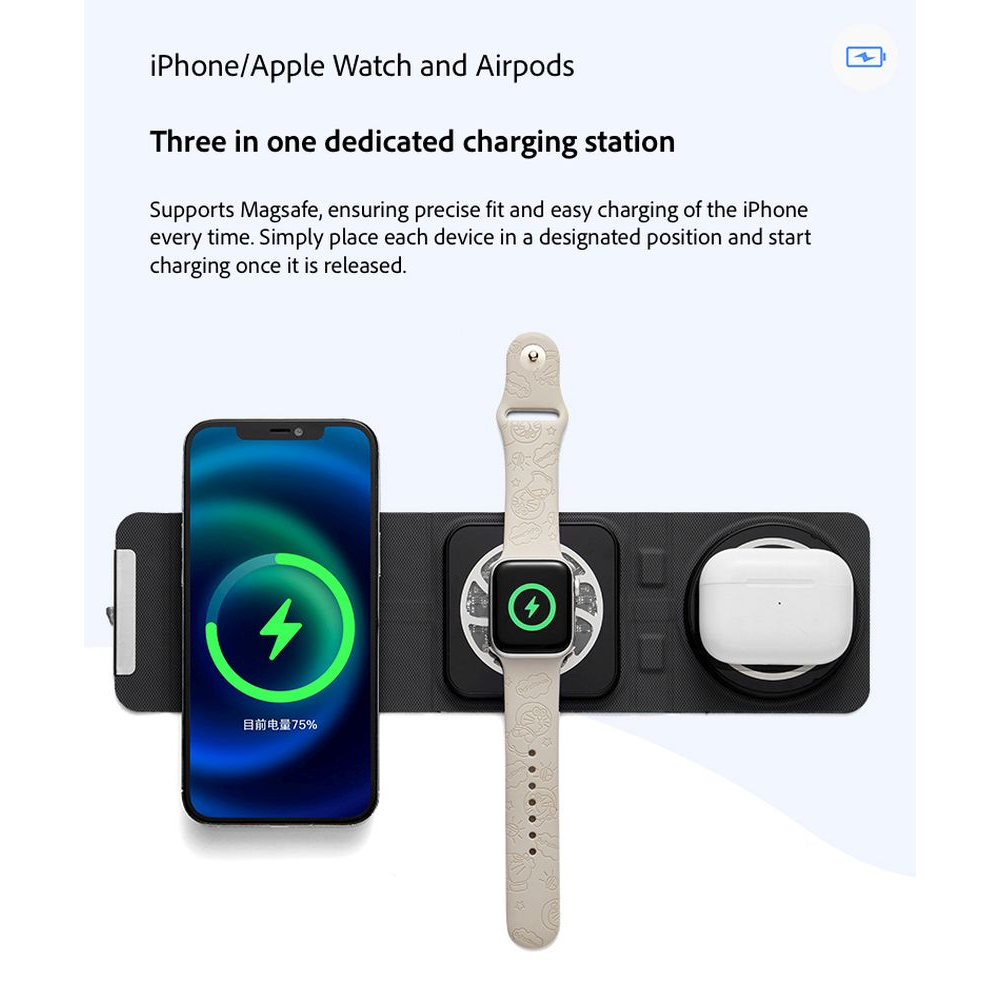 Chargeur sans fil 3 en 1 format Wallet - Noir