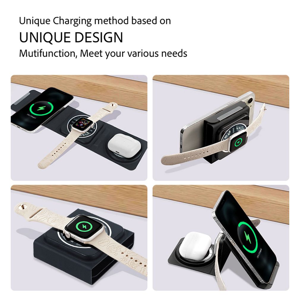 Chargeur sans fil 3 en 1 format Wallet - Noir