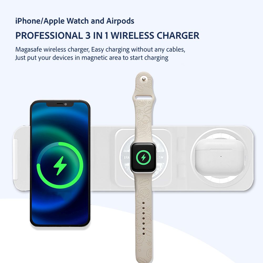 Chargeur sans fil 3 en 1 format Wallet - Blanc