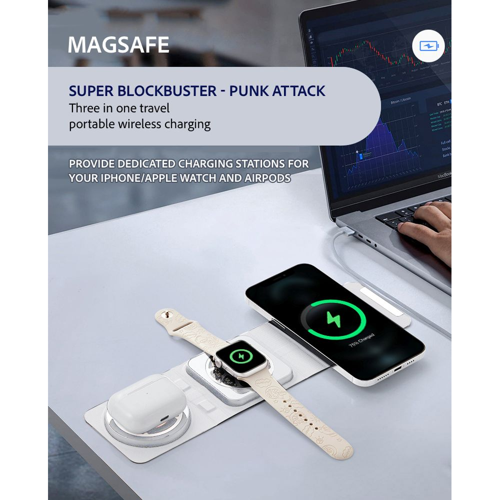 Chargeur sans fil 3 en 1 format Wallet - Blanc