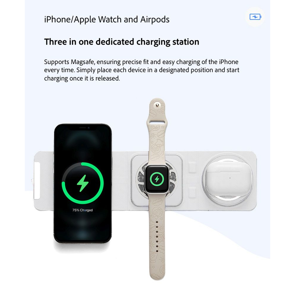 Chargeur sans fil 3 en 1 format Wallet - Blanc