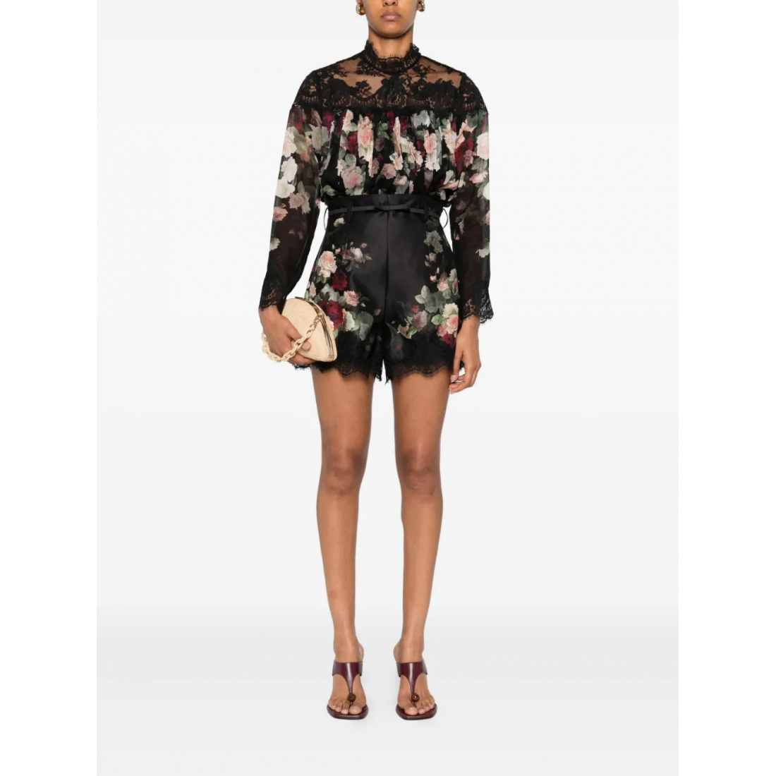 'Lace-Trimmed Floral' Langärmelige Bluse für Damen