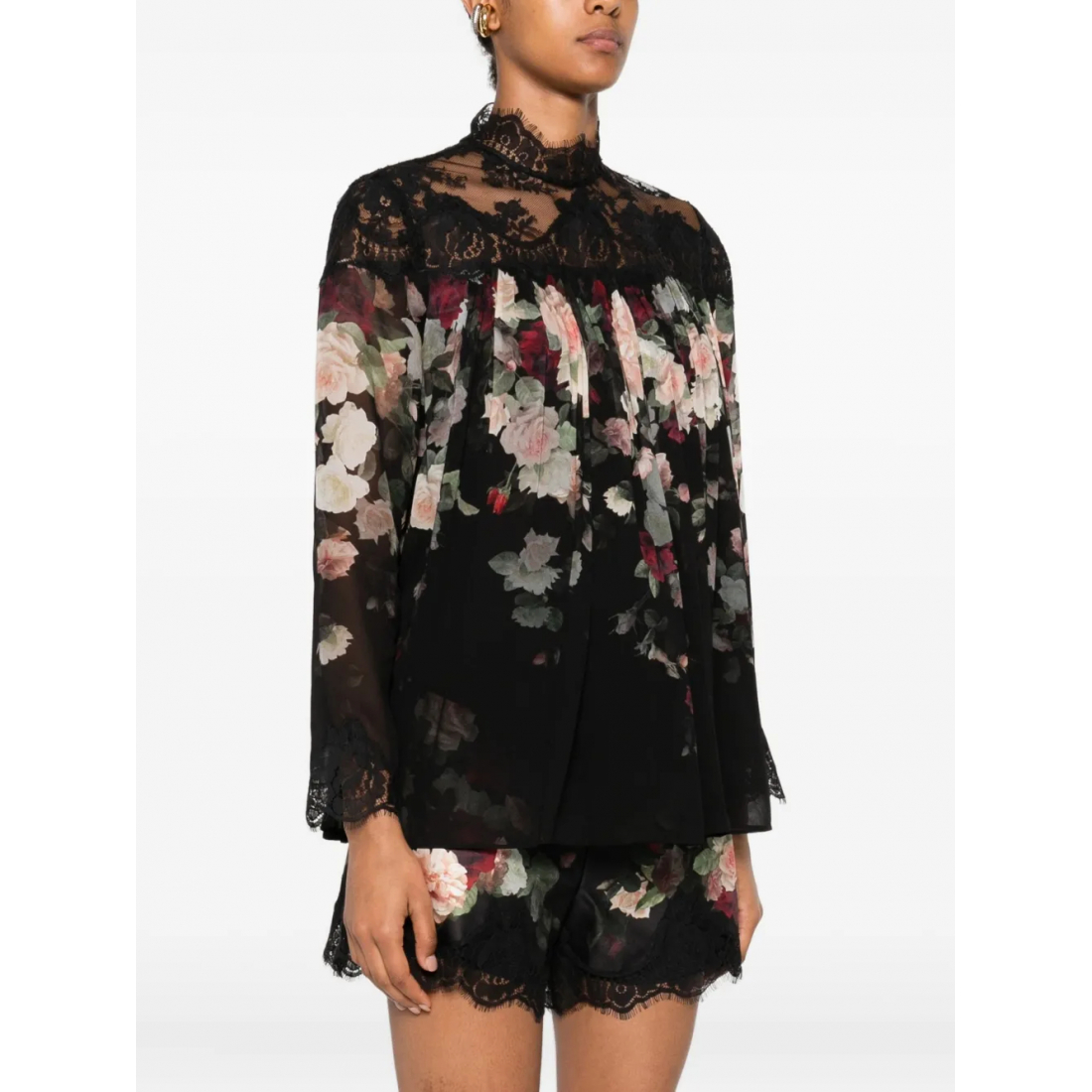 'Lace-Trimmed Floral' Langärmelige Bluse für Damen