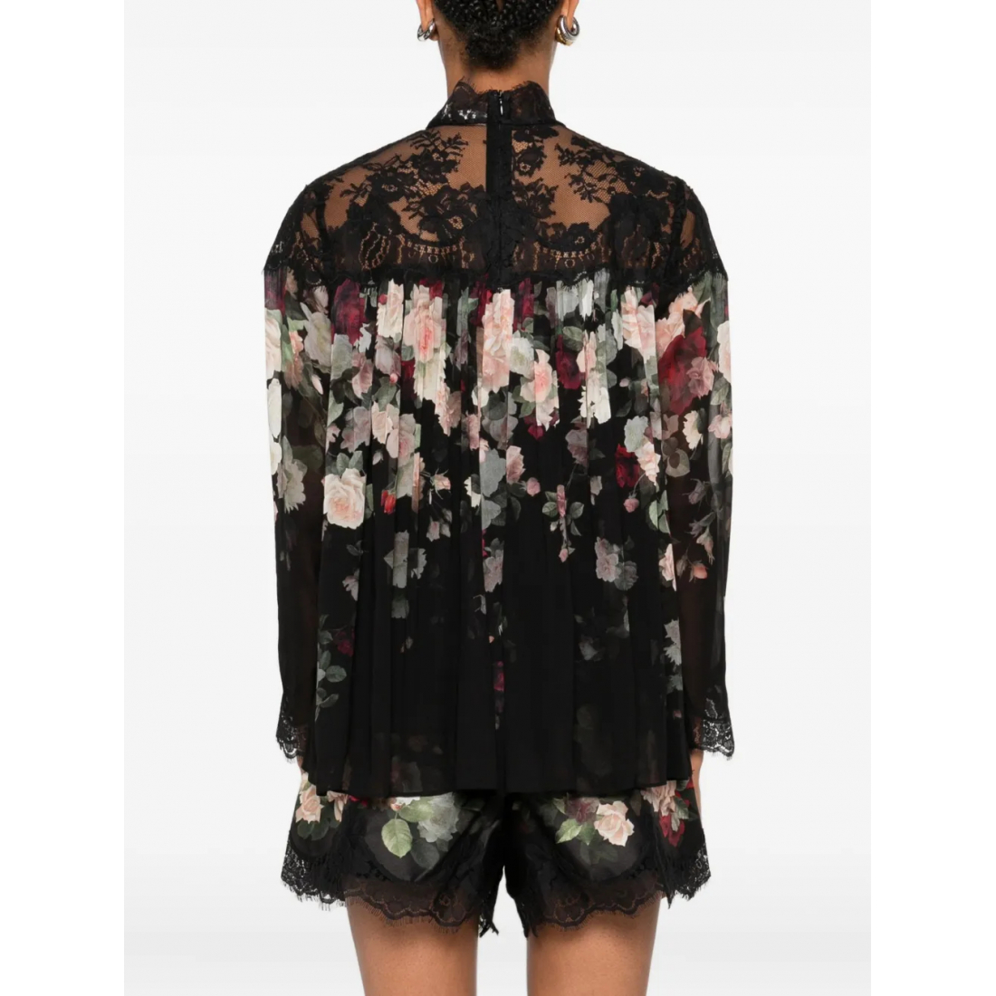 'Lace-Trimmed Floral' Langärmelige Bluse für Damen