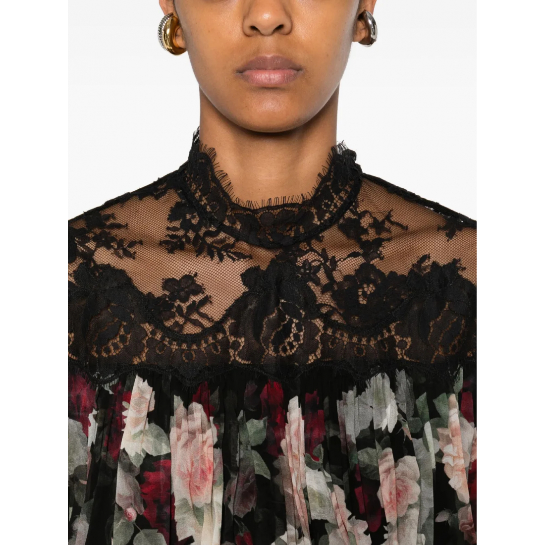 'Lace-Trimmed Floral' Langärmelige Bluse für Damen