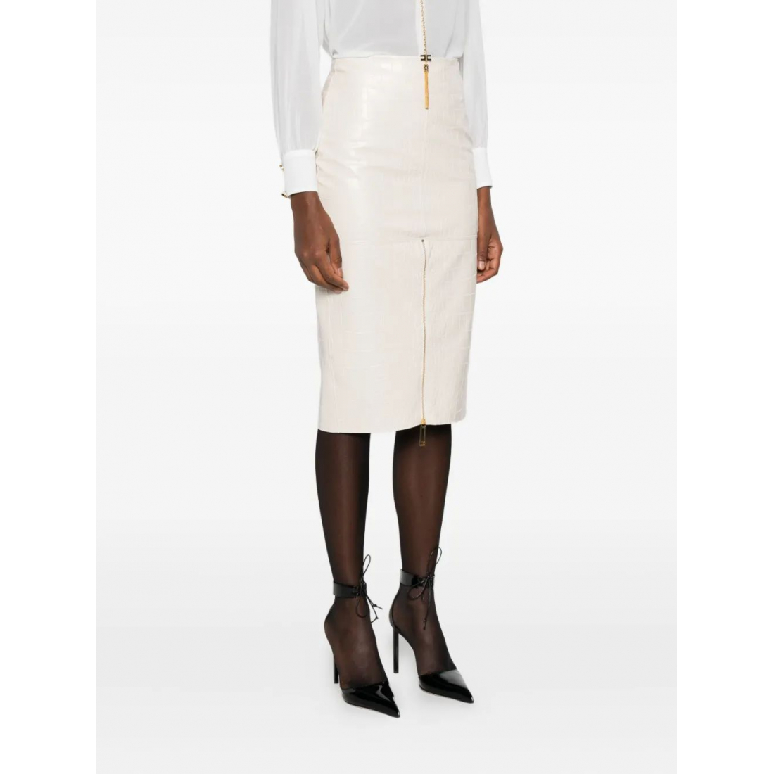 Women's 'Crocodile-Effect Zip-Front' Midi Skirt