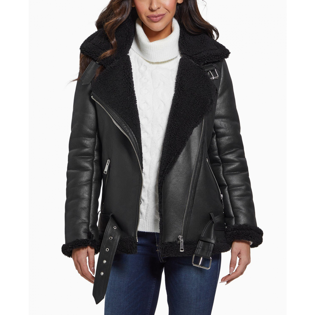 Manteau motard 'Faux-Shearling Asymmetric' pour Femmes