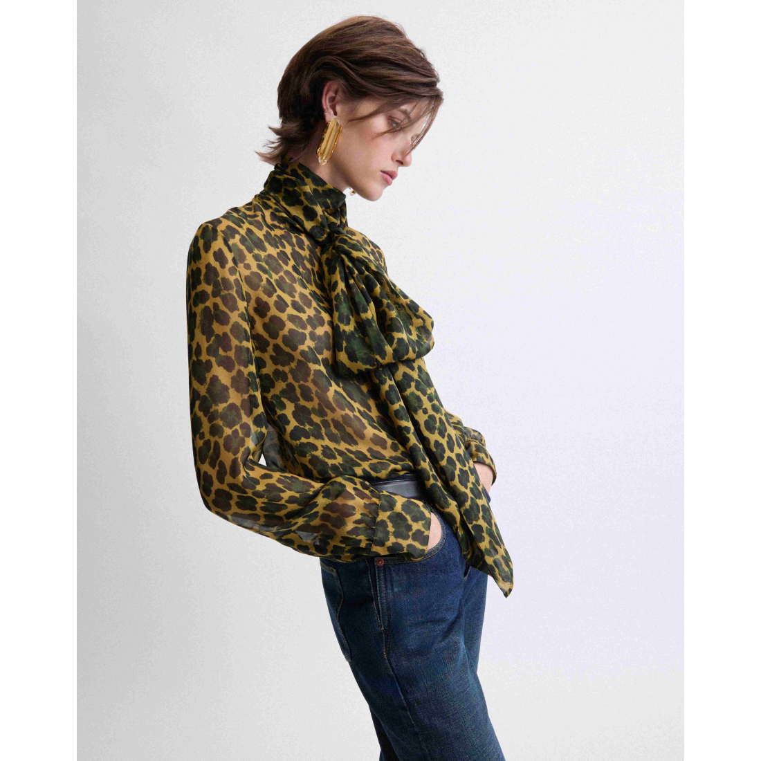 'Leopard Print Bow' Langärmelige Bluse für Damen