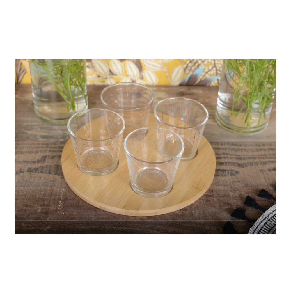 Golden Bowls With Wooden Tray – Set Of 4