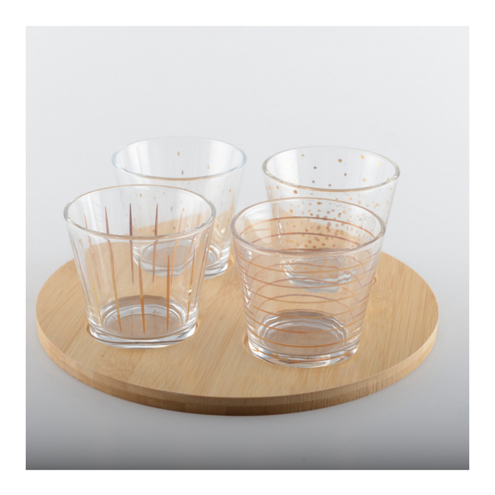 Golden Bowls With Wooden Tray – Set Of 4