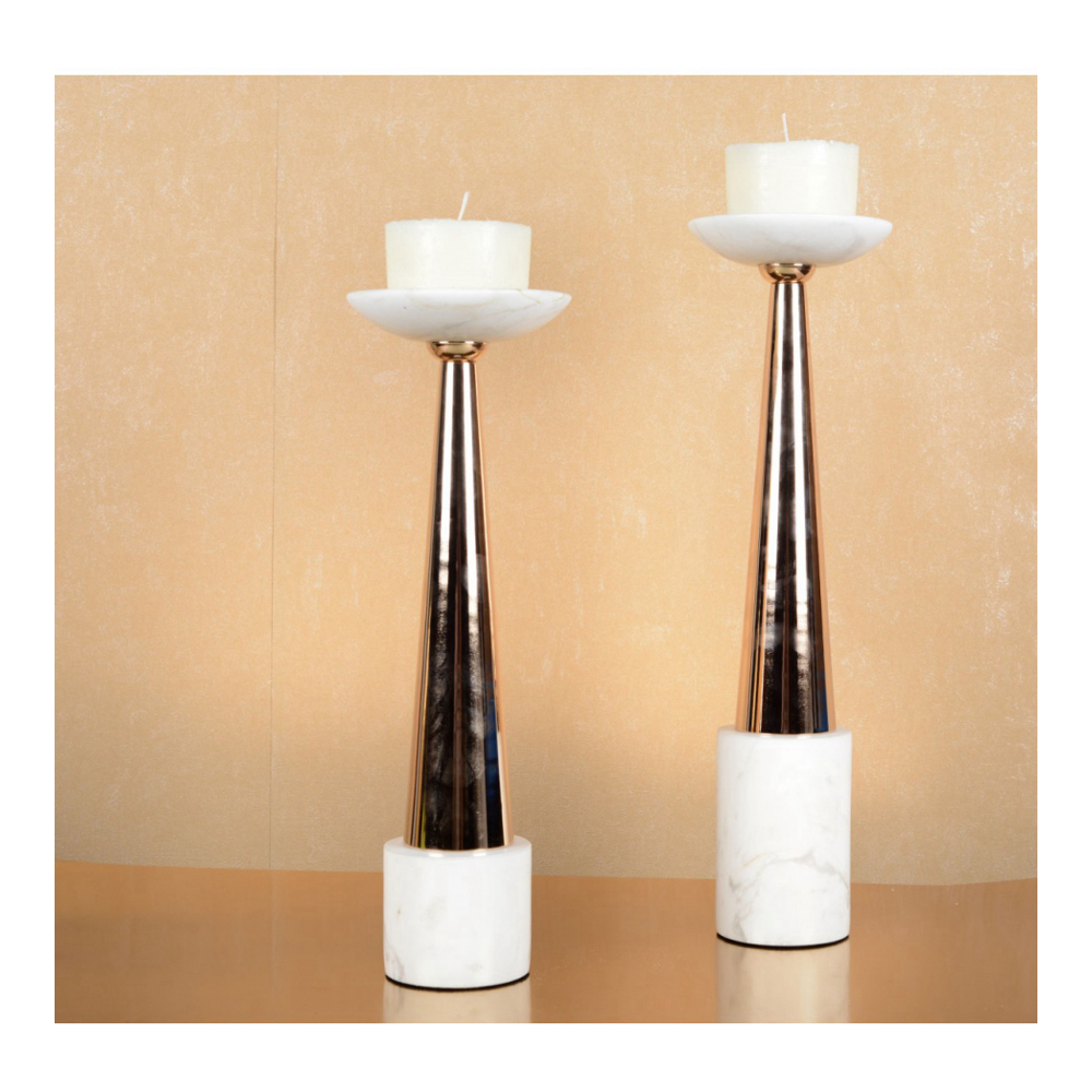 Bougeoir Marbre Blanc Et Rose Doré 12x12x42cm