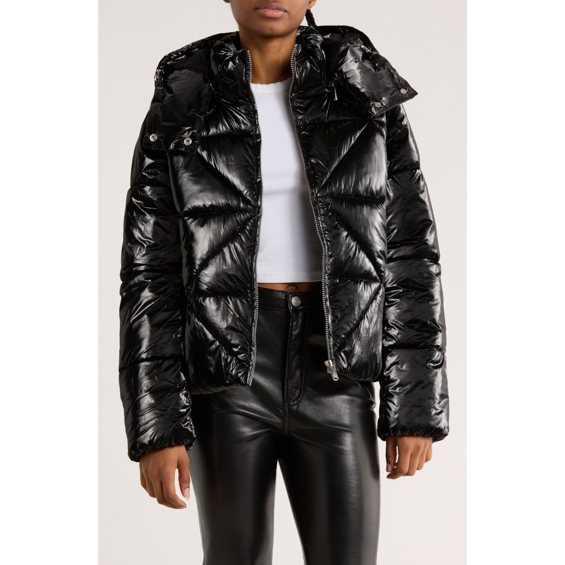 'Faux Shearling Lined Hood Crop' Pufferjacke für Damen