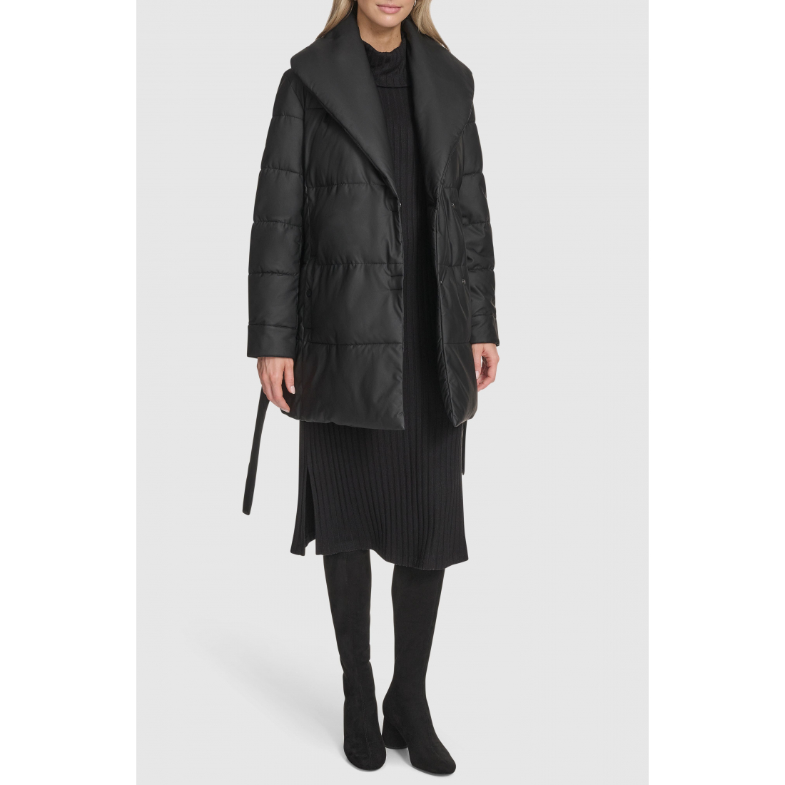 'Adela Faux Leather Shawl Collar Quilted' Wickelmantel für Damen