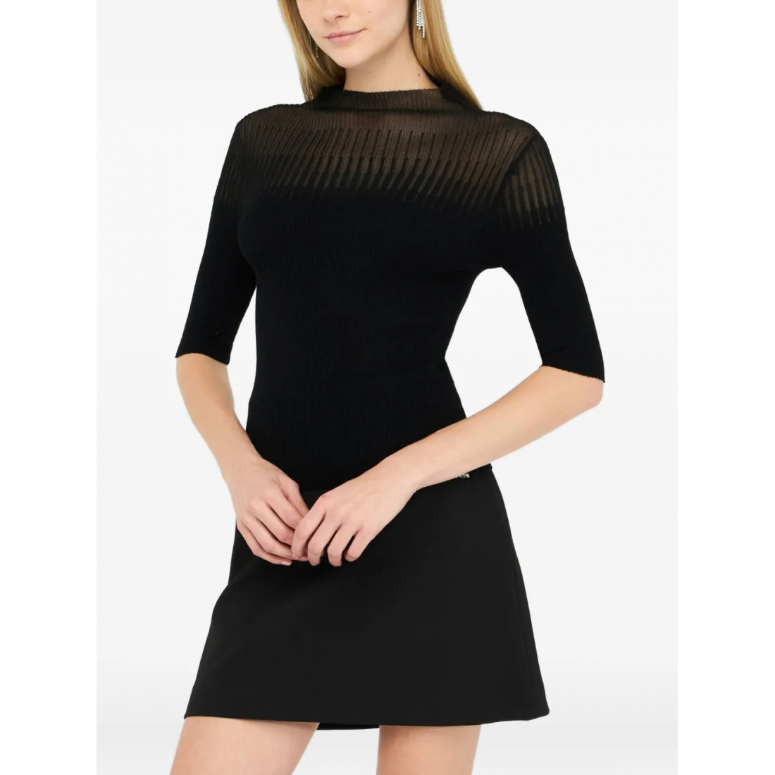 Top à manches 3/4 'Ribbed High-Neck' pour Femmes