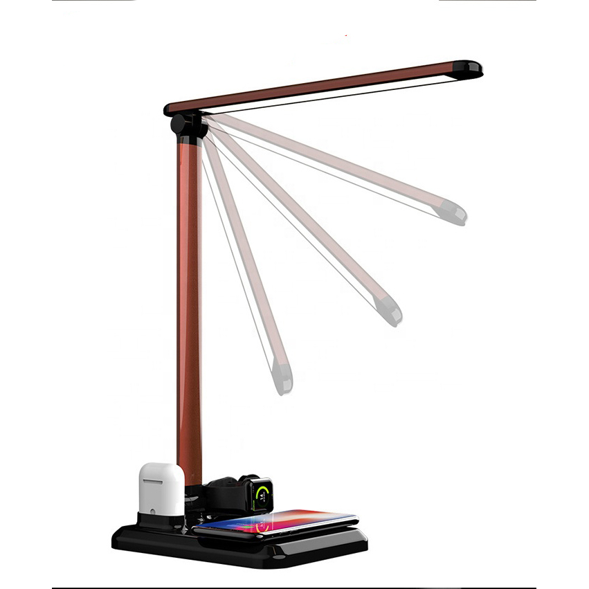 Foldable LED desk lamp with 4-in-1 Qi fast wireless charging stand - Brown