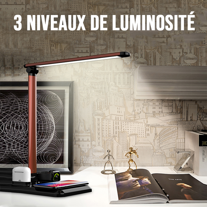 Foldable LED desk lamp with 4-in-1 Qi fast wireless charging stand - Brown