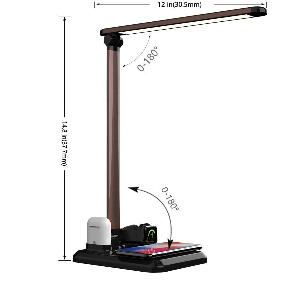 Foldable LED desk lamp with 4-in-1 Qi fast wireless charging stand - Brown