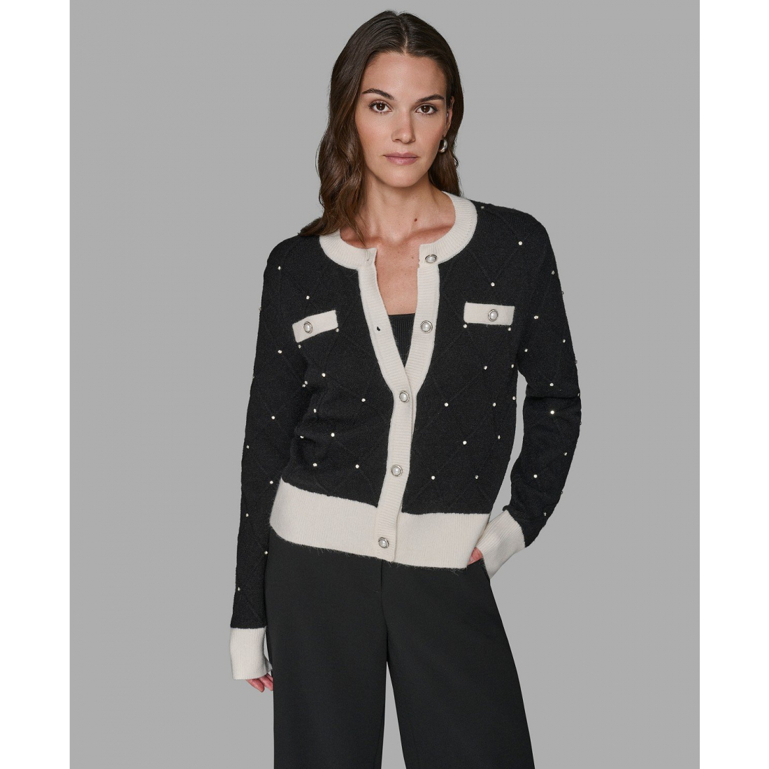 'Crew Neck Front-Button Cardigan Sweater' pour Femmes
