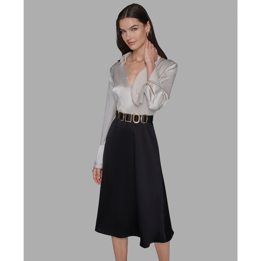 'Two Tone Collared Midi Dress' pour Femmes