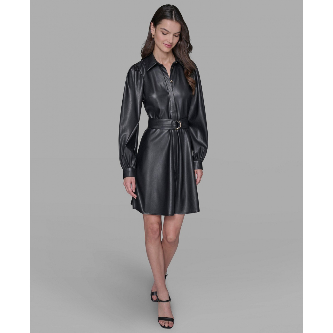 'Faux Leather Belted Shirt Dress' pour Femmes