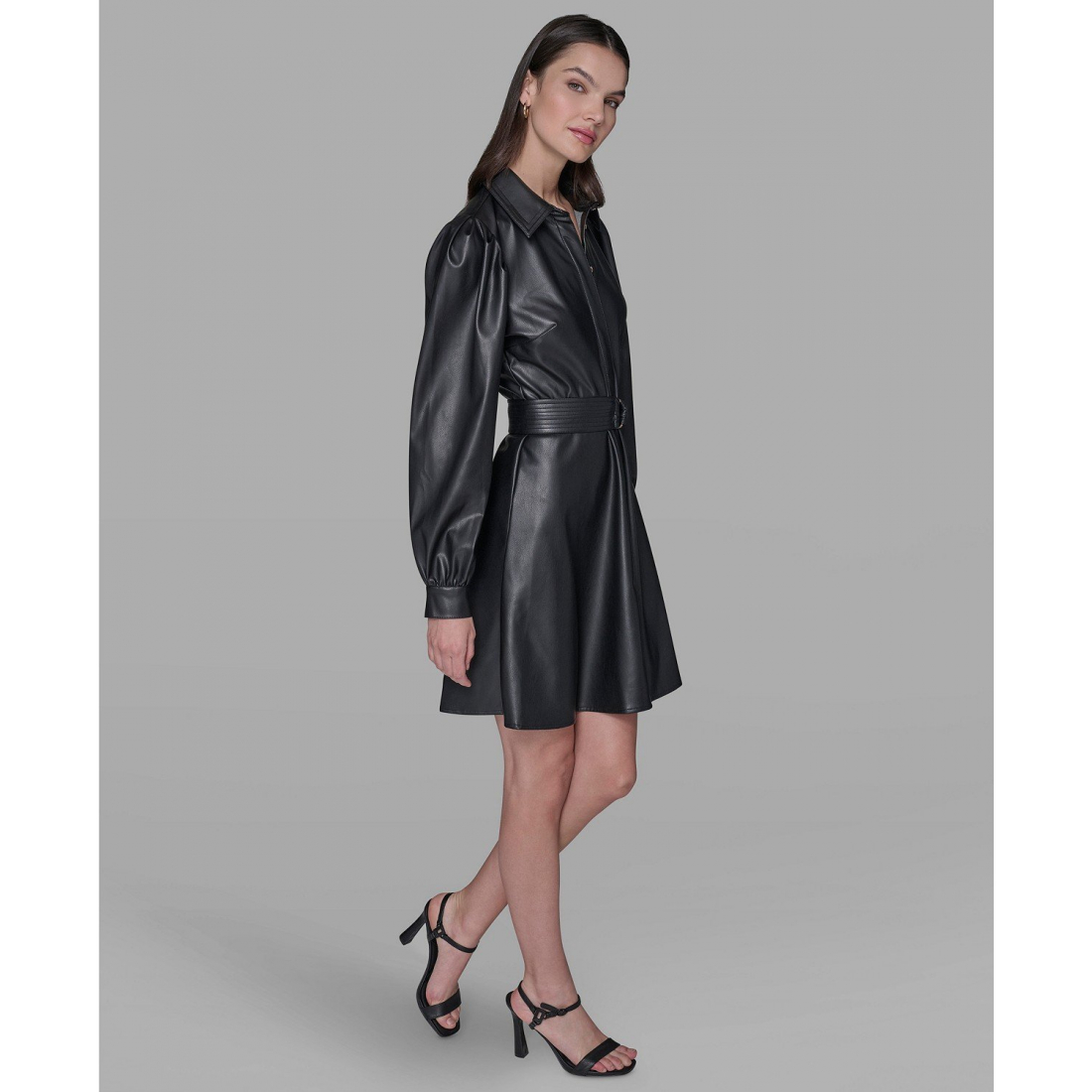 'Faux Leather Belted Shirt Dress' pour Femmes
