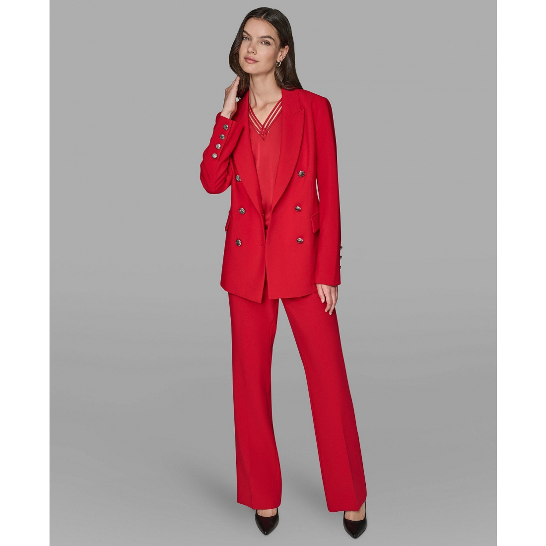 'V-Neck Double-Breasted Satin Trim Jacket' pour Femmes