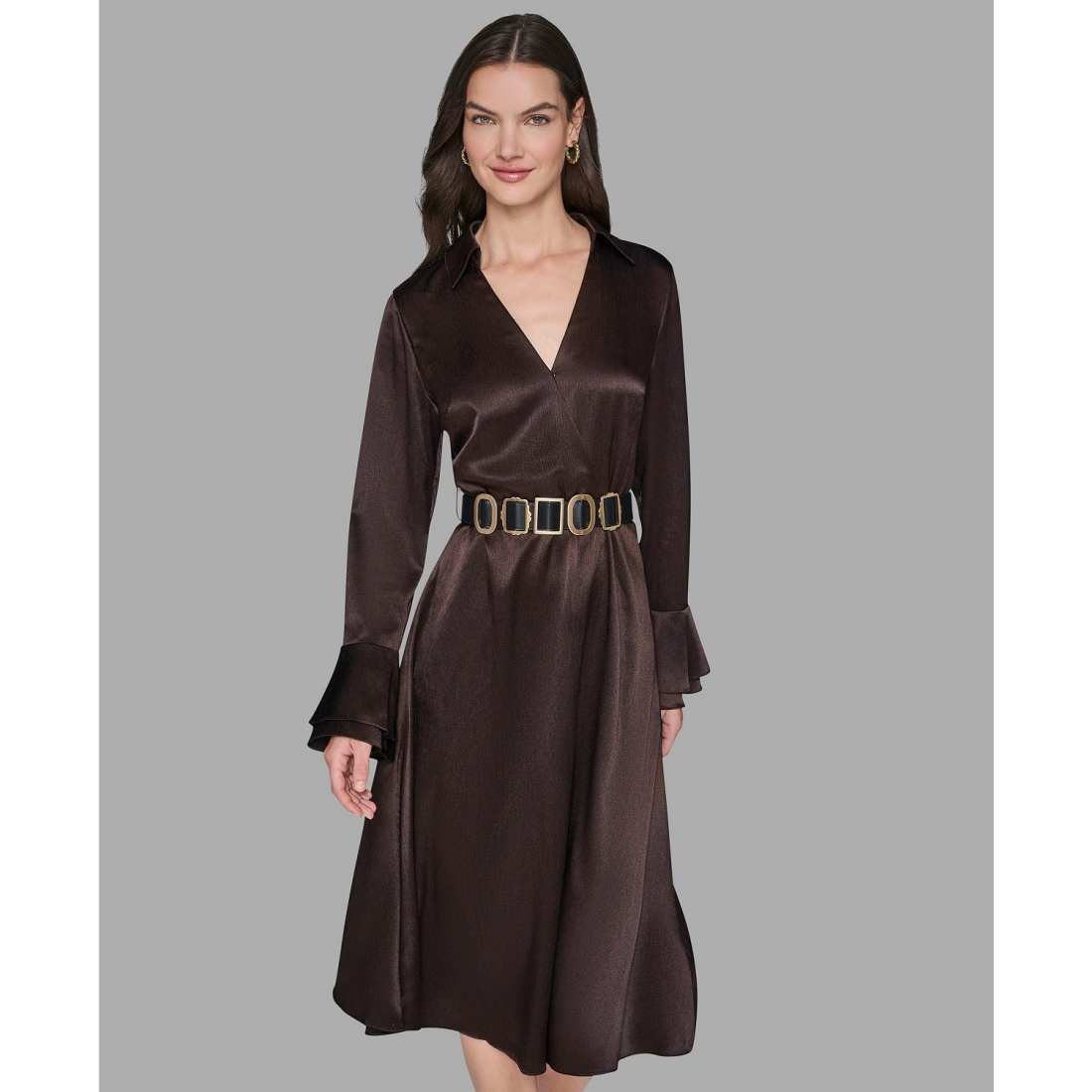 'Crinkle Long Sleeve Midi Dress' pour Femmes