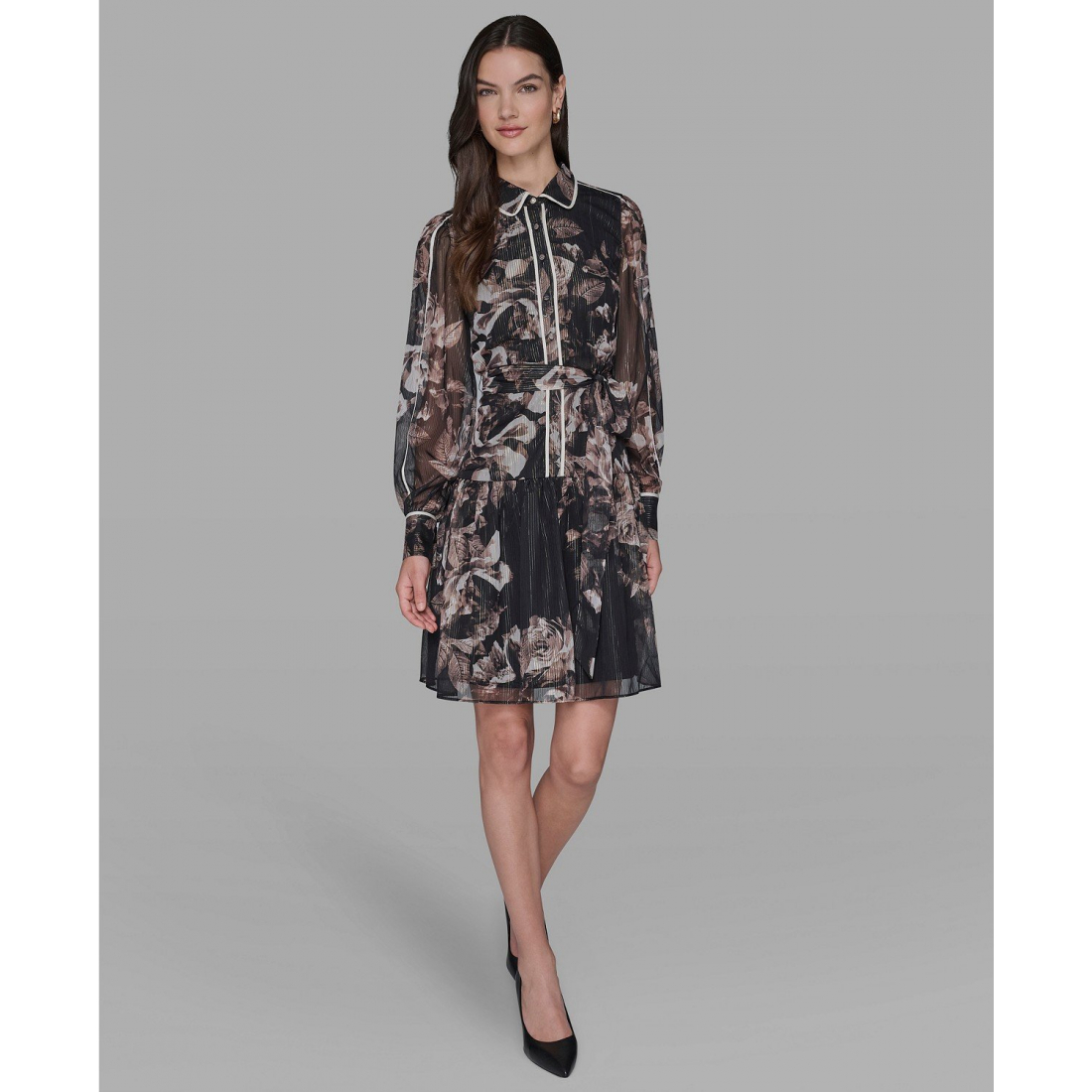 'Printed Crinkle Chiffon Collared Shirt Dress' pour Femmes