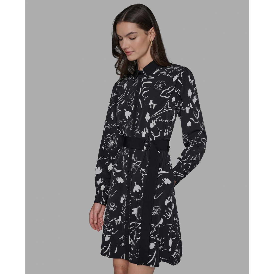 'Printed Silky Crepe Belted Shirt Dress' pour Femmes
