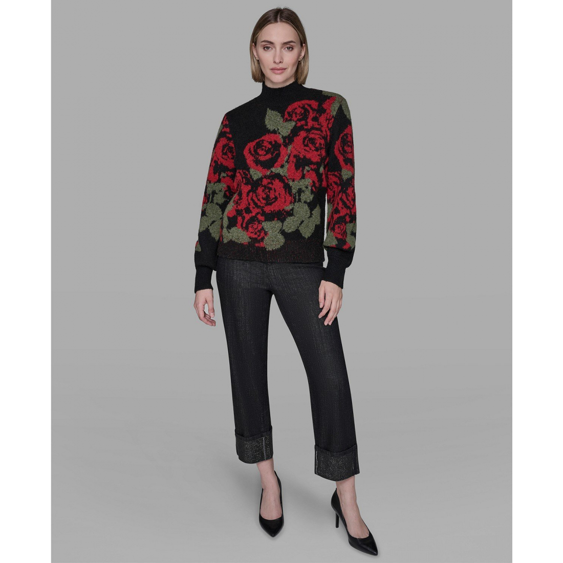 'Mock Neck Rose Print Sweater' pour Femmes