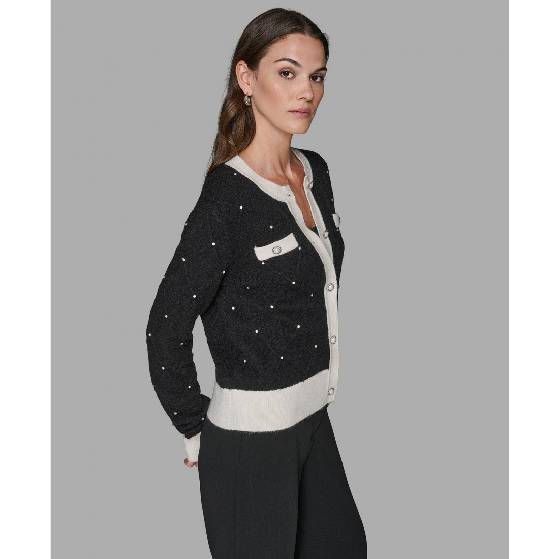'Crew Neck Front-Button Cardigan Sweater' pour Femmes