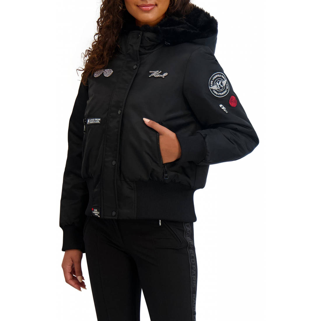 'Patchwork Hooded with Faux Fur Trim' Crop Jacke für Damen